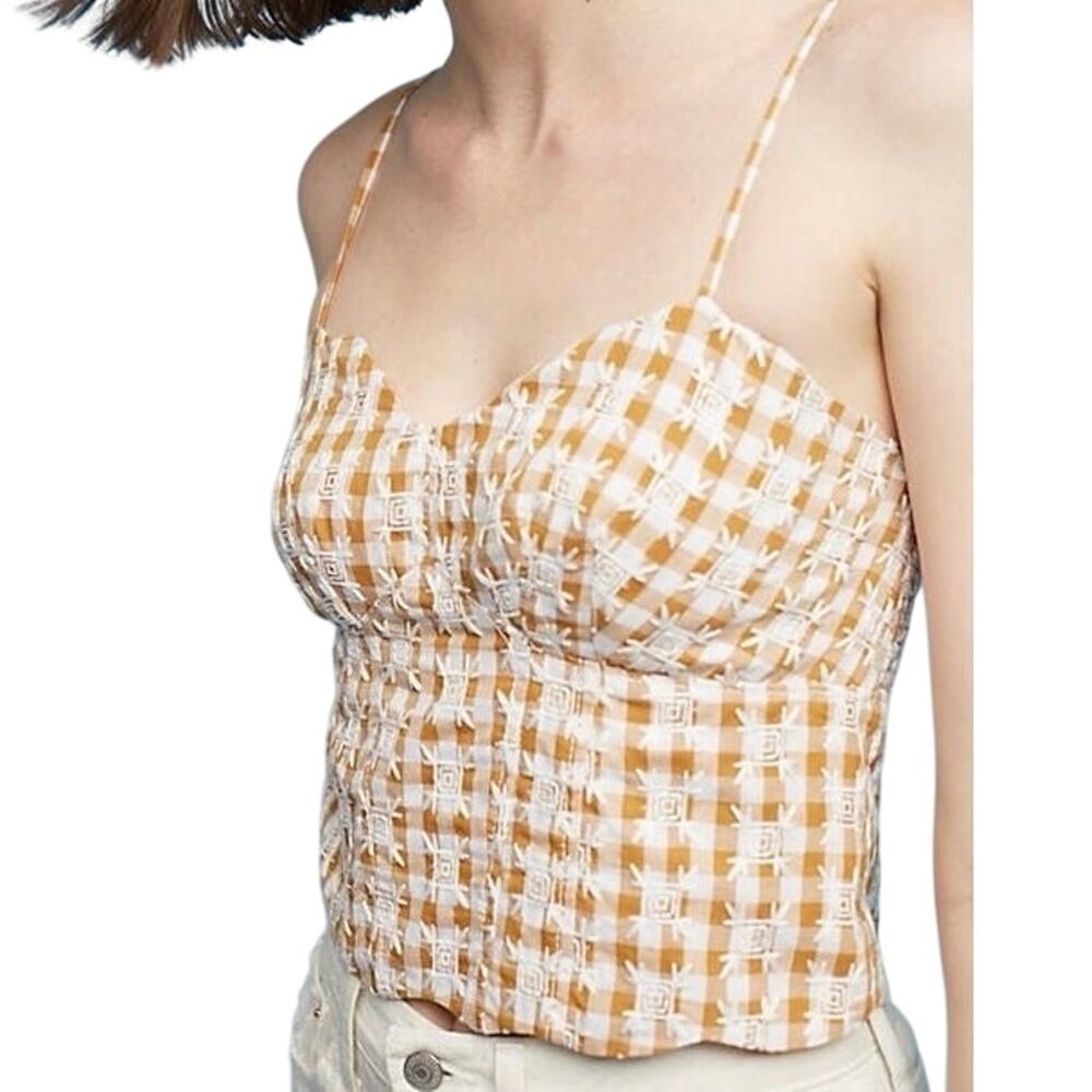 Anthro Maeve Gingham Embroidered Scallop Crop Top, 4
